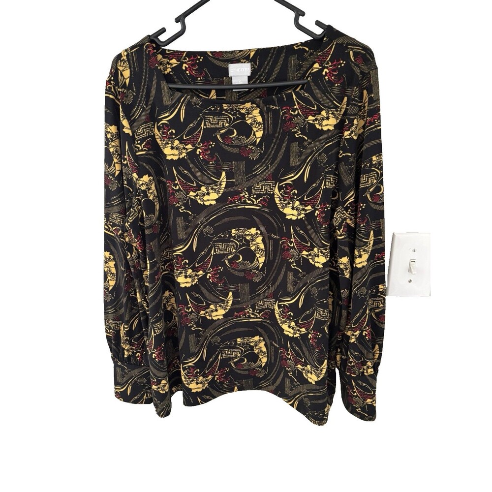 Chicos Asian Korean Design Women's Top Black Gold Red Size Large (2) Easy care